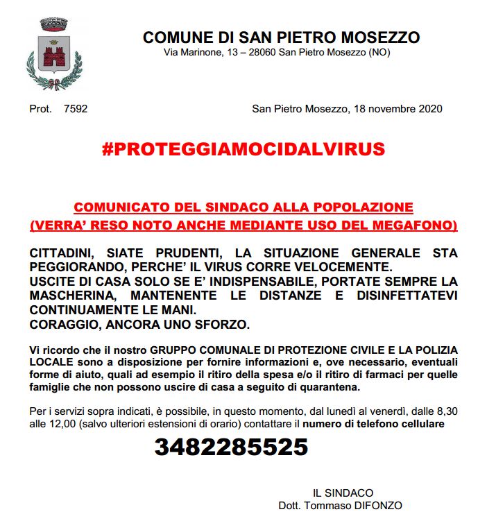 Comunicazione Del Sindaco 18 Novembre Comune Di San Pietro Mosezzo